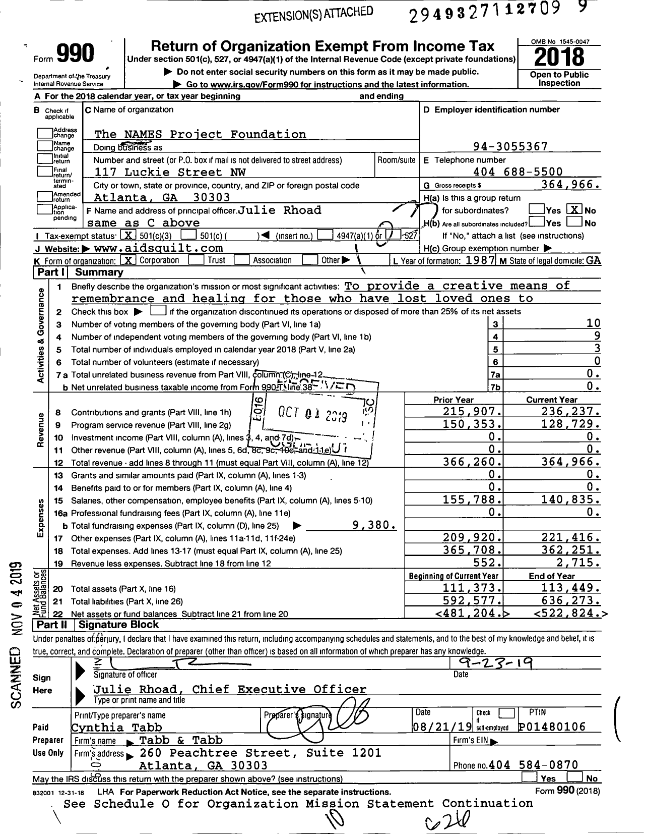 Image of first page of 2018 Form 990 for The NAMES Project Foundation