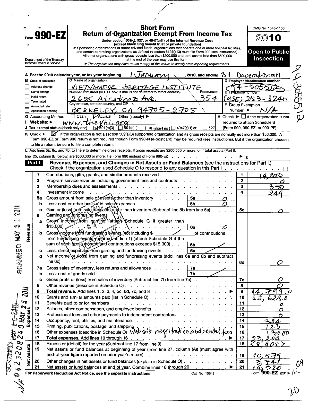 Image of first page of 2011 Form 990EZ for Vietnam Humanitarian Initiatives
