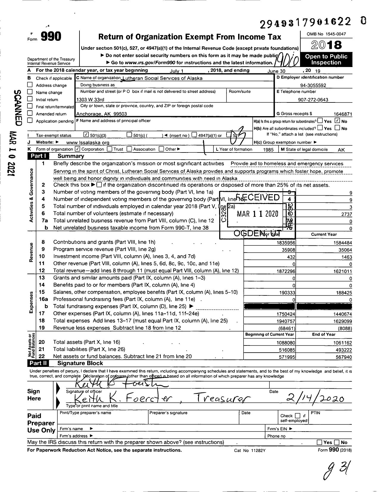 Image of first page of 2018 Form 990 for Lutheran Social Services of Alaska