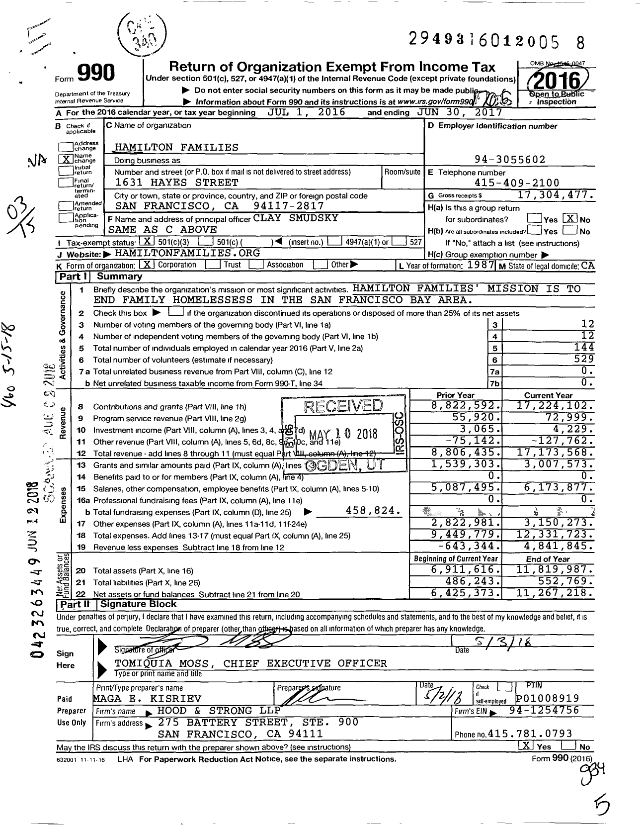Image of first page of 2016 Form 990 for Hamilton Families
