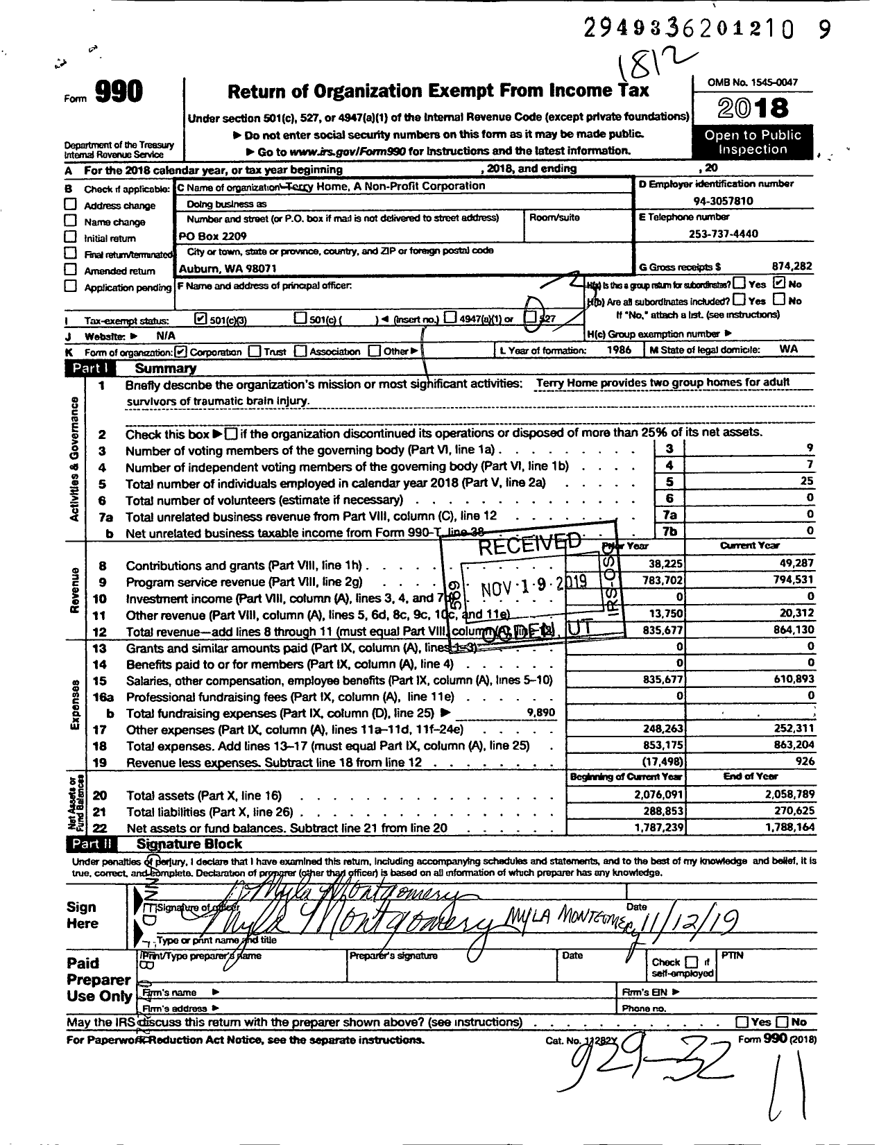 Image of first page of 2018 Form 990 for Terry Home