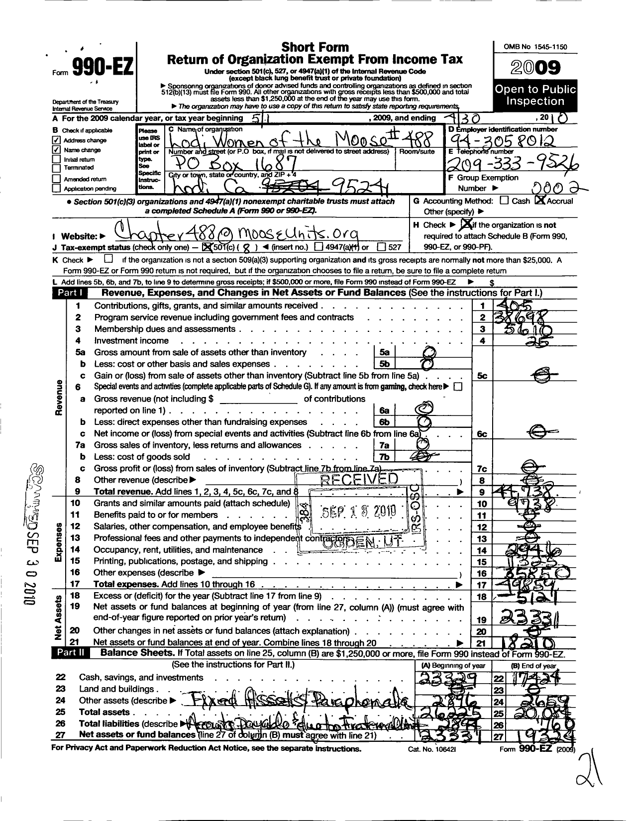 Image of first page of 2009 Form 990EO for Loyal Order of Moose - 488