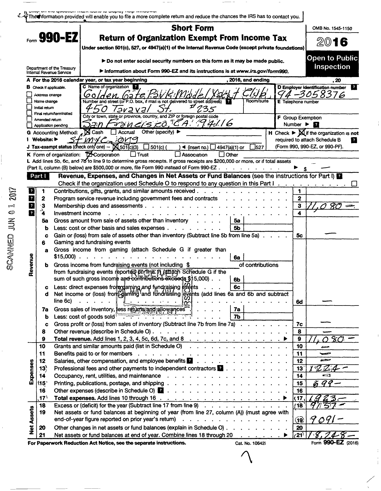 Image of first page of 2016 Form 990EZ for Golden Gate Park Model Yacht Club