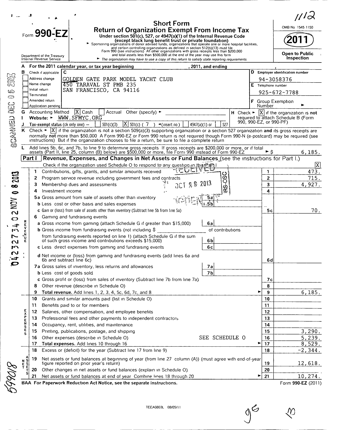 Image of first page of 2011 Form 990EO for Golden Gate Park Model Yacht Club