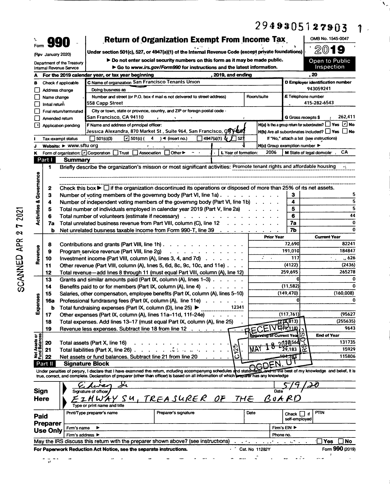 Image of first page of 2019 Form 990O for San Francisco Tenants Union