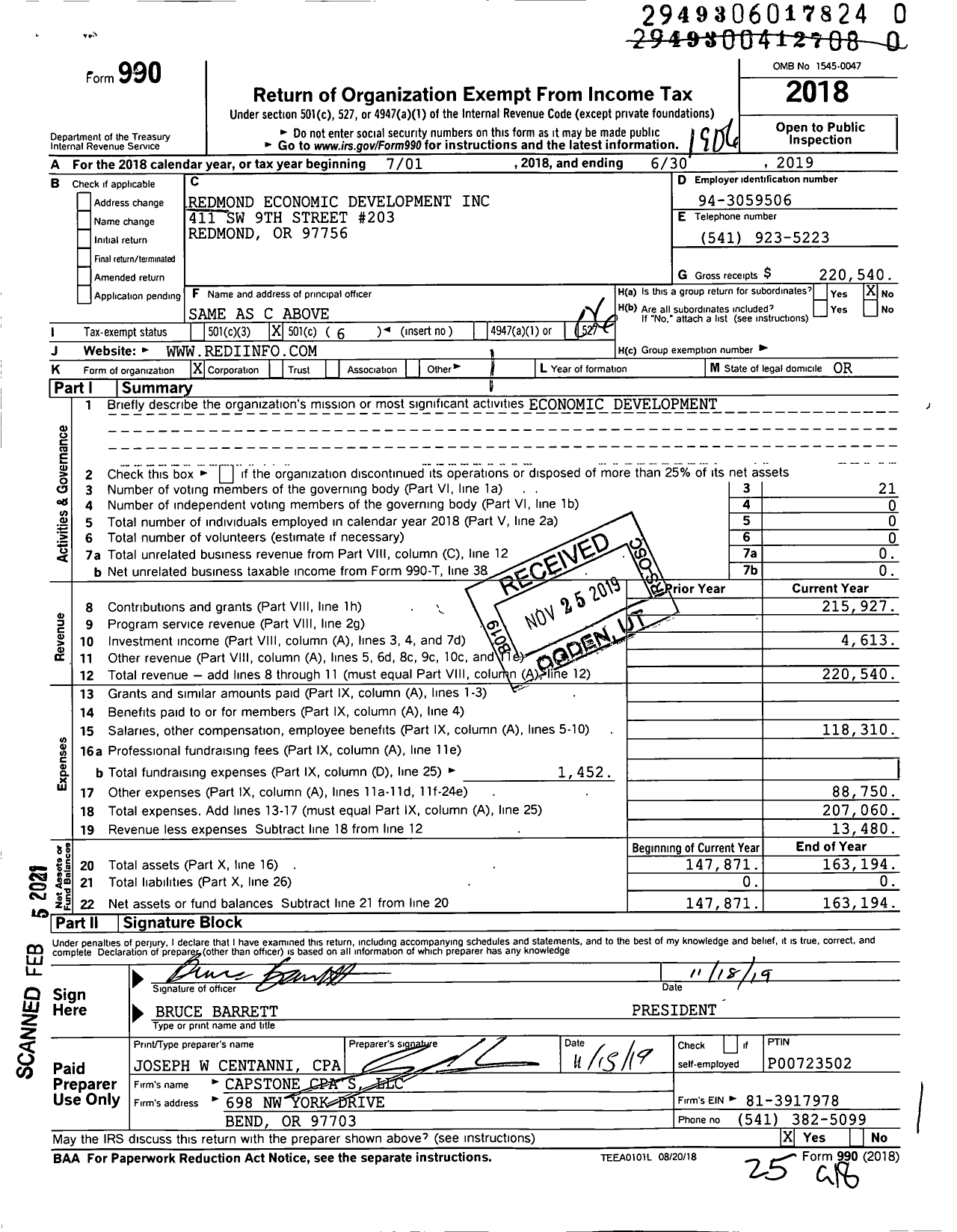 Image of first page of 2018 Form 990O for Redmond Economic Development