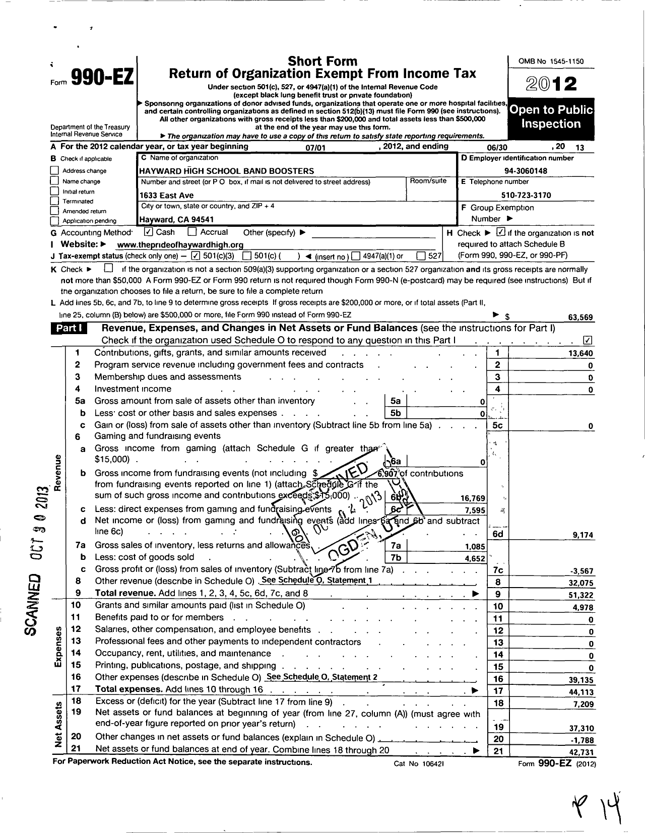 Image of first page of 2012 Form 990EZ for Hayward High School Band Boosters