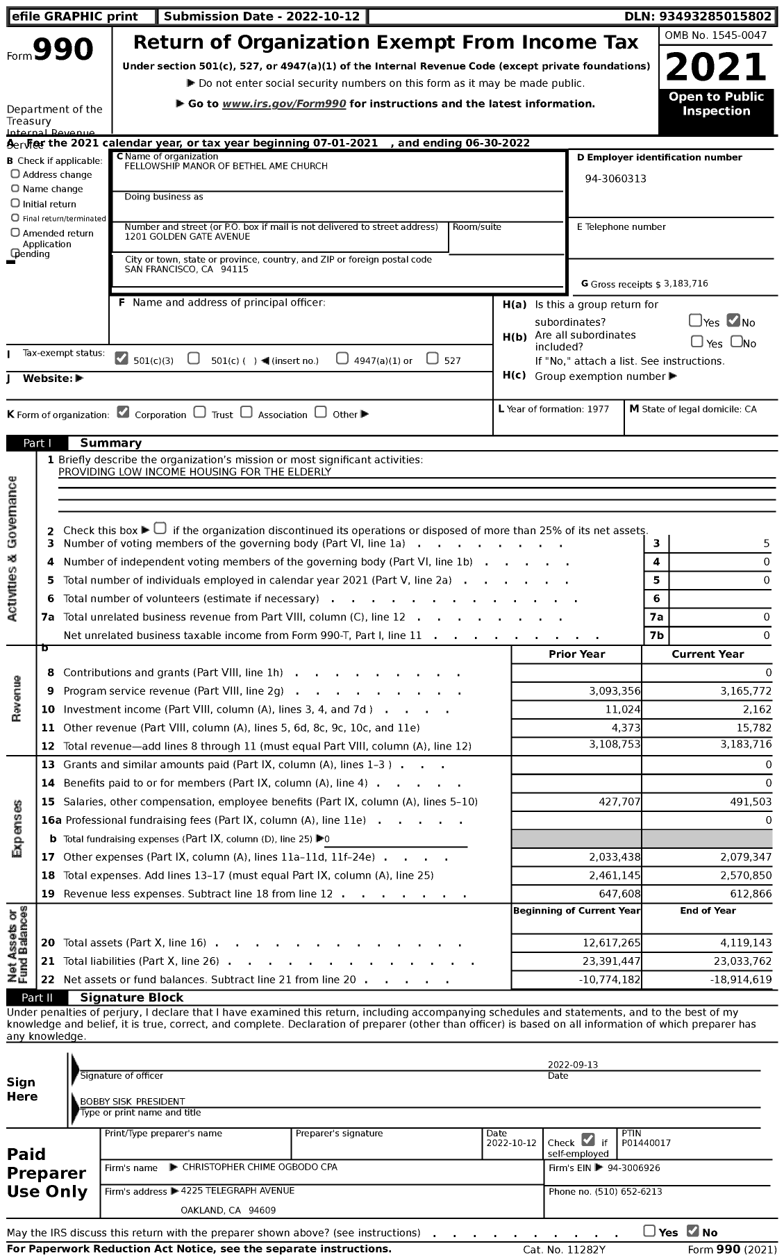 Image of first page of 2021 Form 990 for Fellowship Manor of Bethel Ame Church