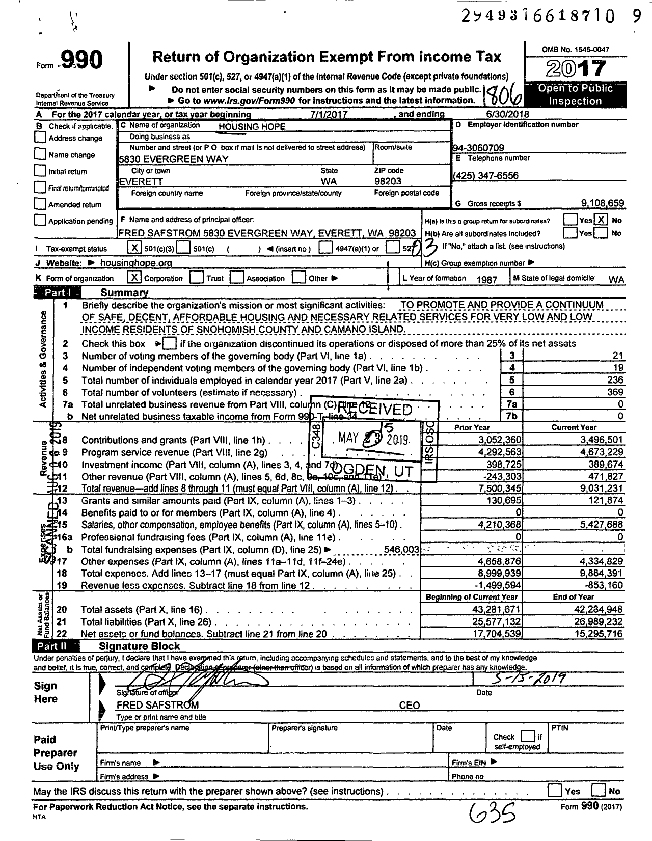 Image of first page of 2017 Form 990 for Housing Hope