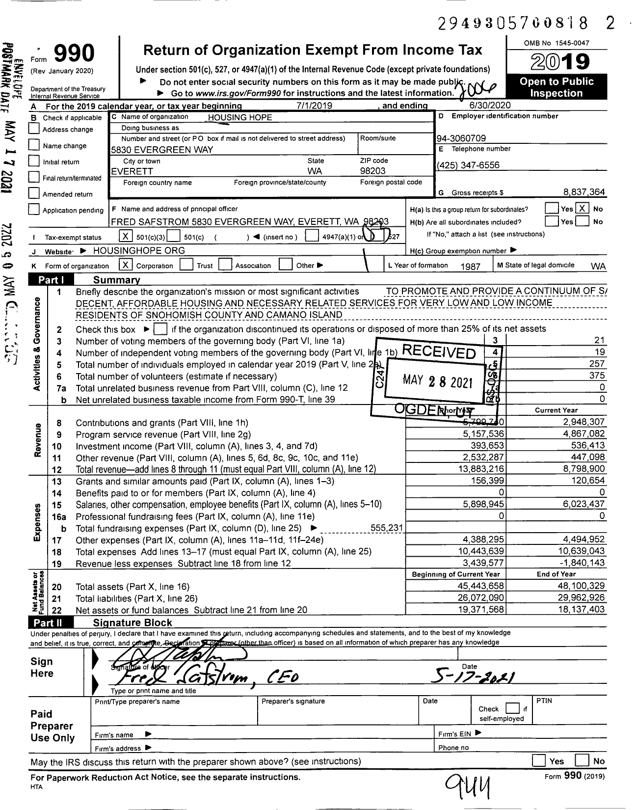 Image of first page of 2019 Form 990 for Housing Hope