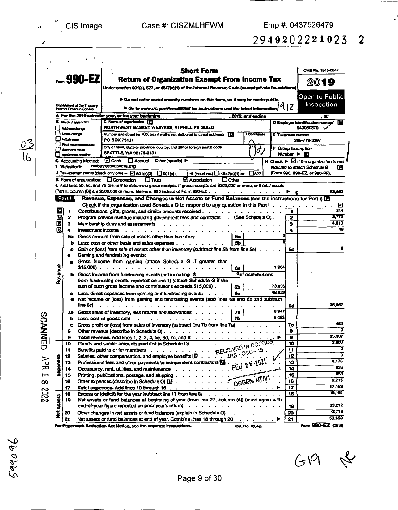 Image of first page of 2019 Form 990EZ for Northwest Basket Weavers Vi Phillips Guild