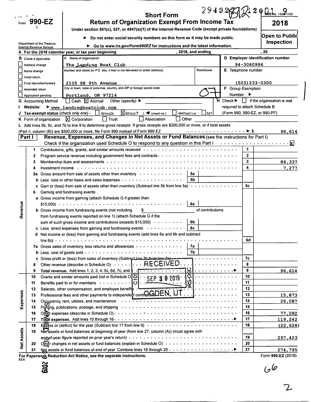 Image of first page of 2018 Form 990EO for The Landing Boat Club