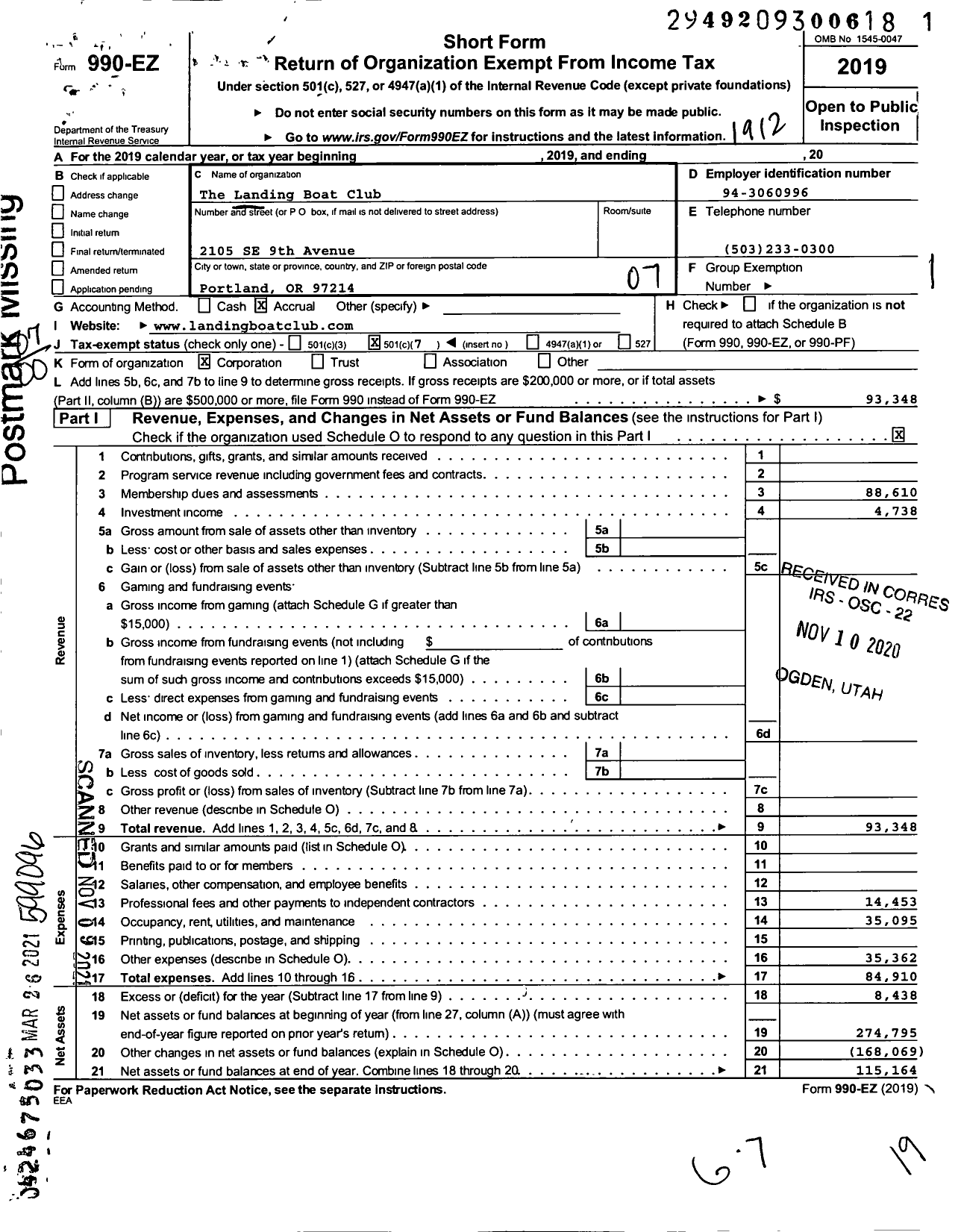 Image of first page of 2019 Form 990EO for The Landing Boat Club