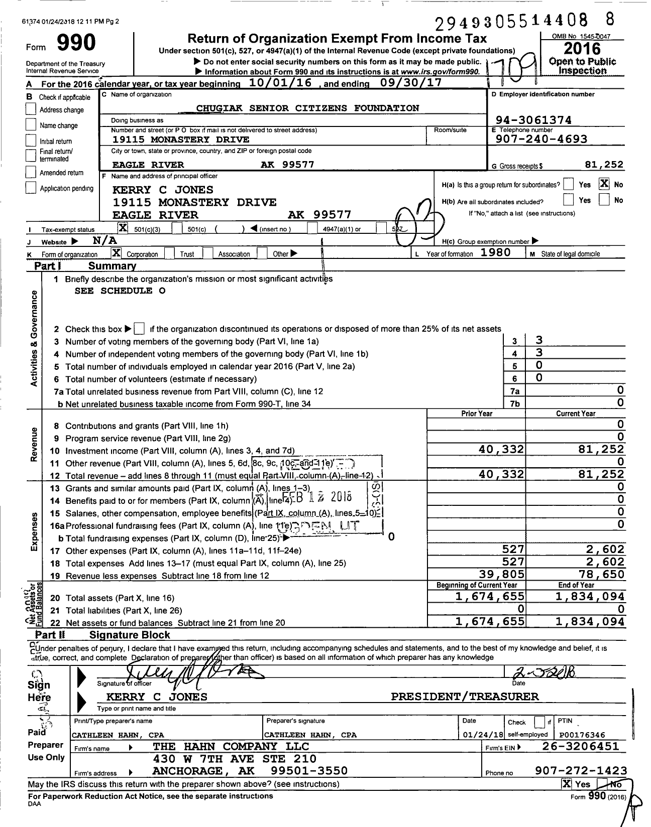 Image of first page of 2016 Form 990 for Chugiak Senior Citizens Foundation