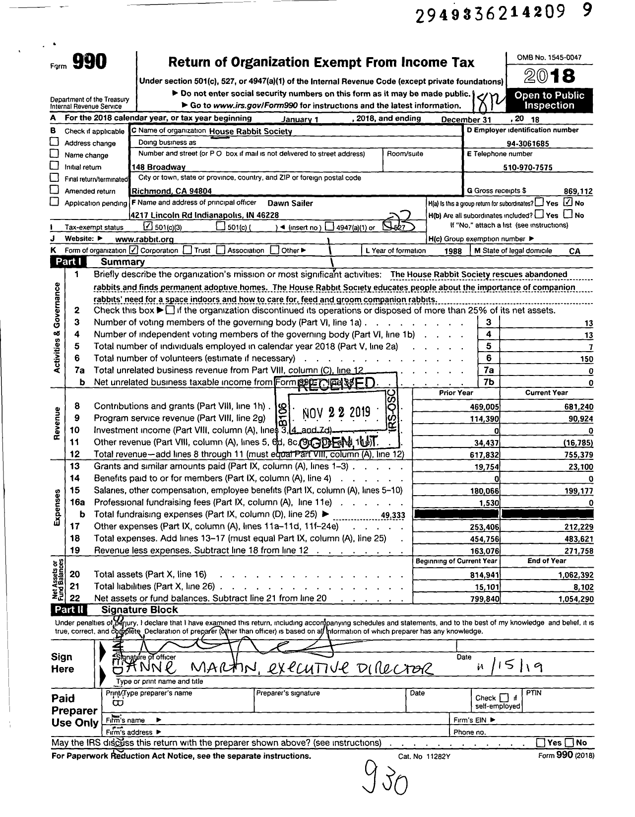 Image of first page of 2018 Form 990 for House Rabbit Society