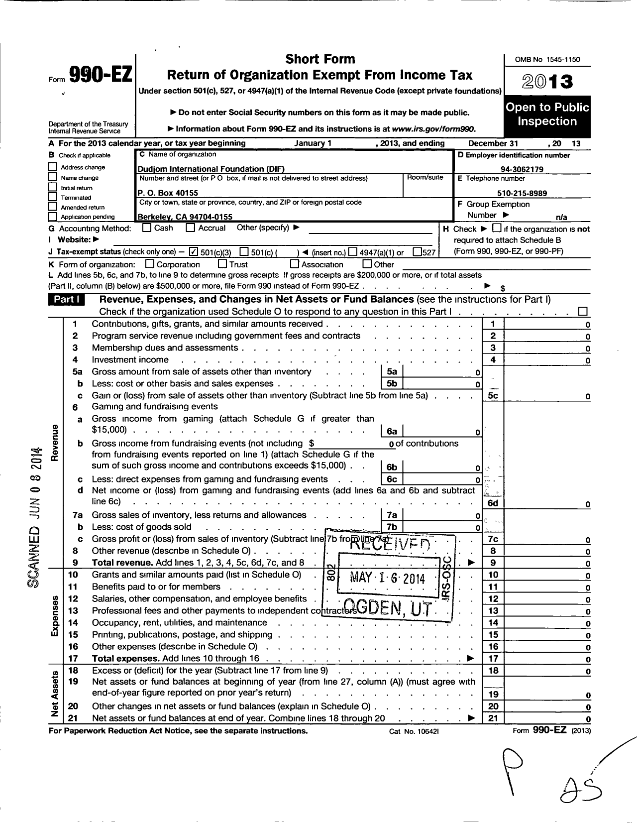 Image of first page of 2013 Form 990EZ for Dudjom International Foundation