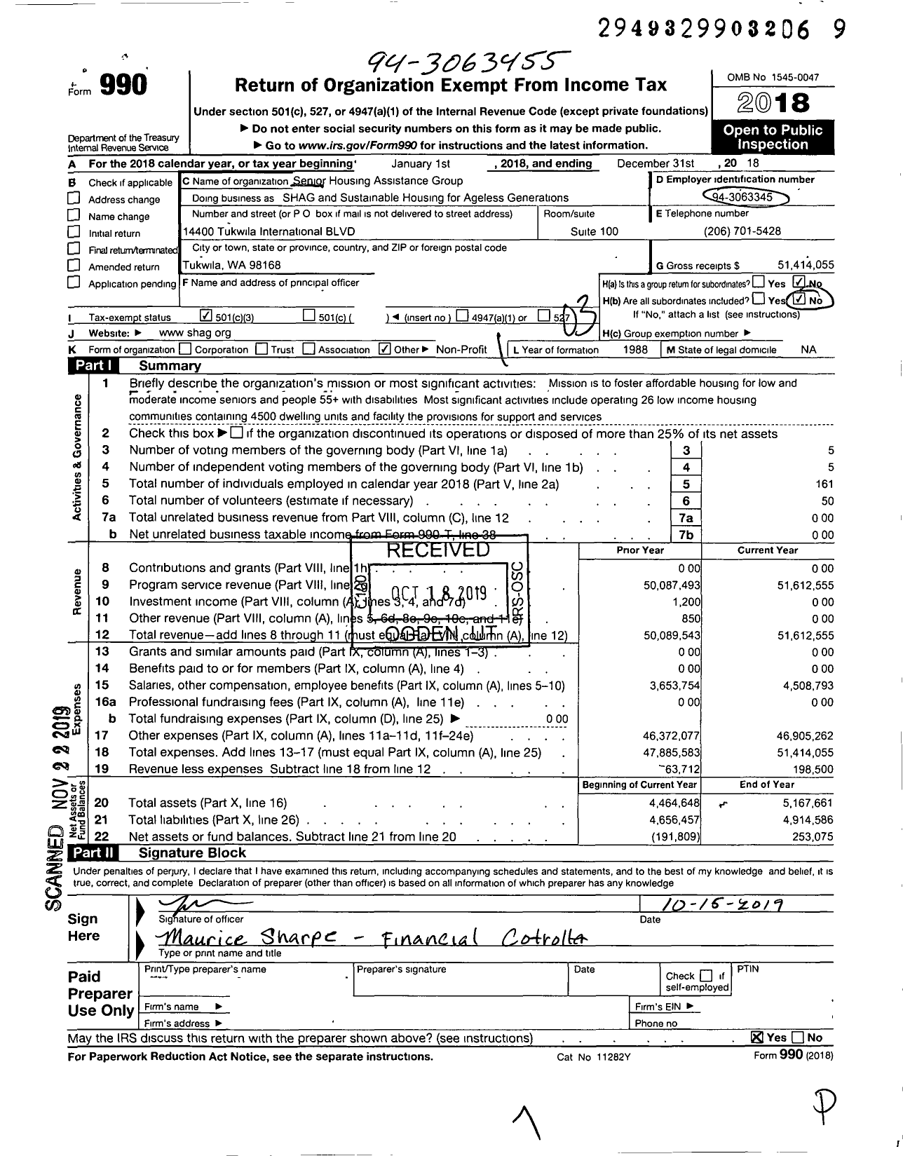 Image of first page of 2018 Form 990 for Sustainable Housing Ageless Generat (SHAG)