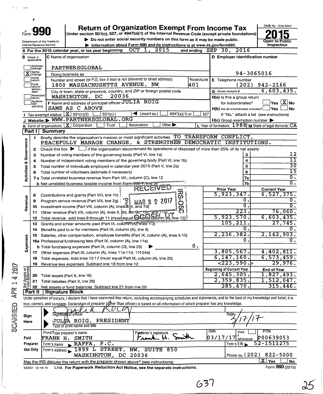 Image of first page of 2015 Form 990 for PartnersGlobal