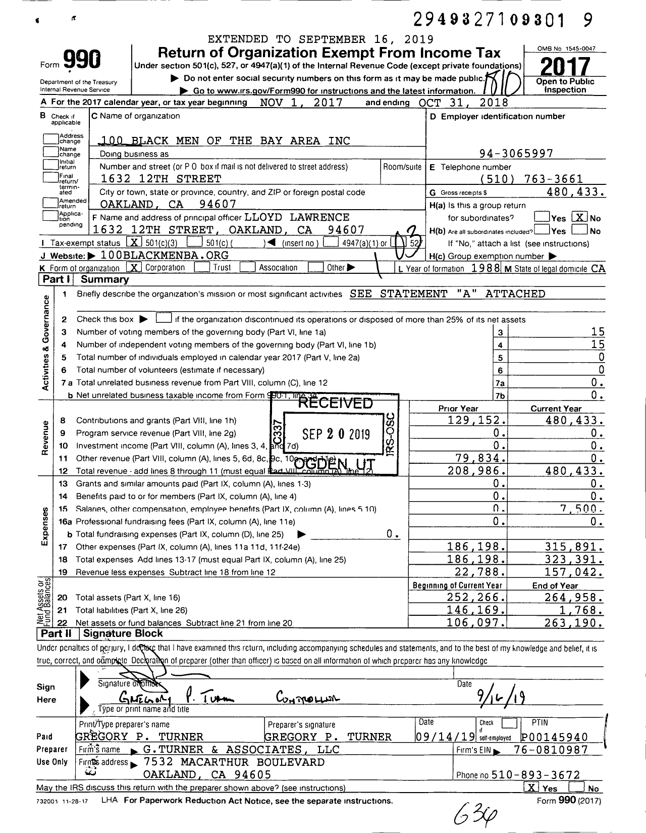 Image of first page of 2017 Form 990 for 100 Black Men of the Bay Area