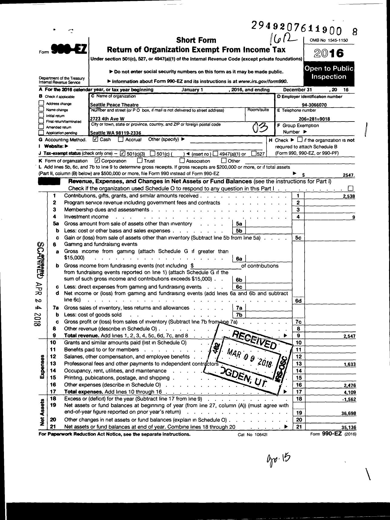 Image of first page of 2016 Form 990EZ for Seattle Peace Theatre