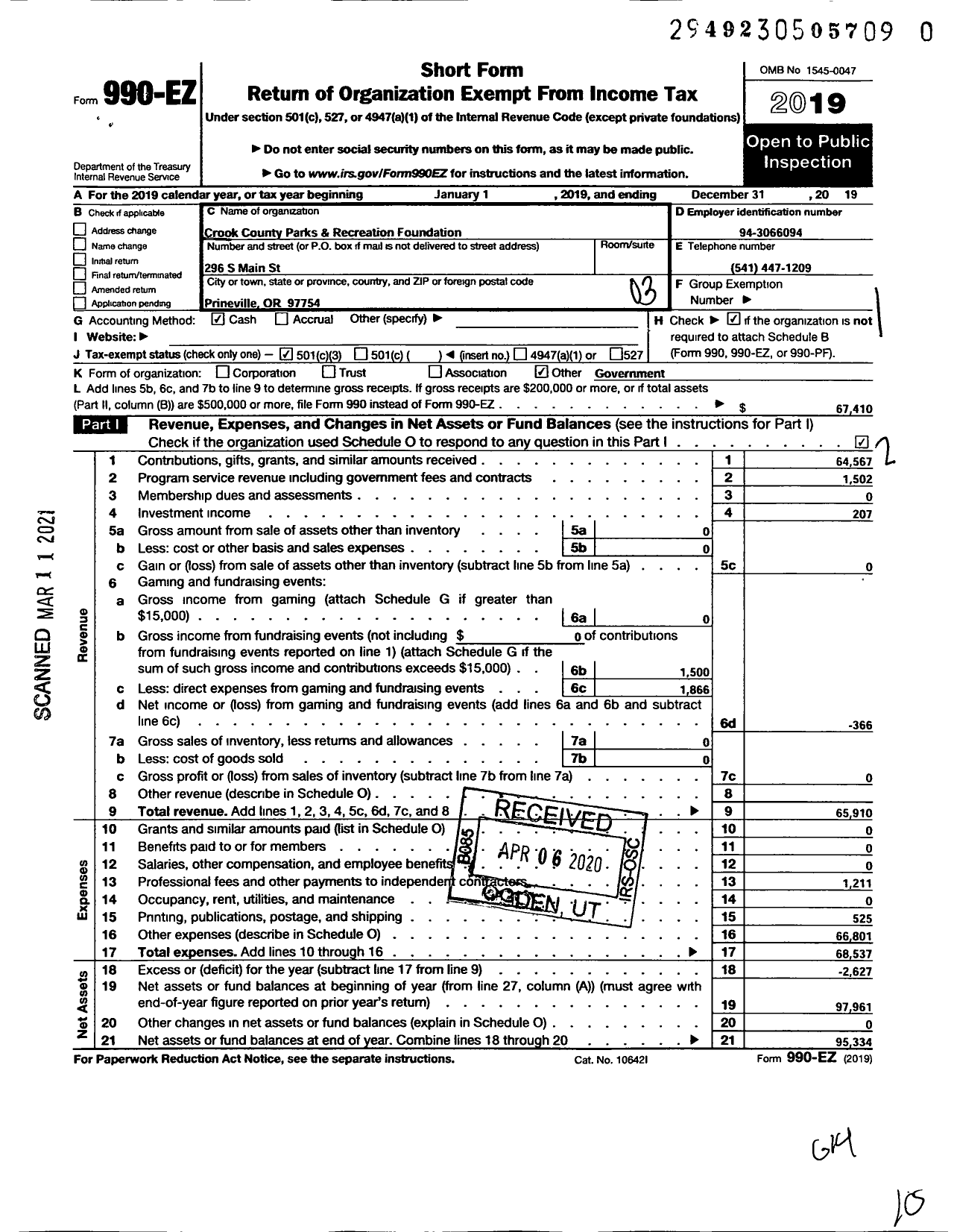 Image of first page of 2019 Form 990EZ for Crook County Parks and Recreation Foundation