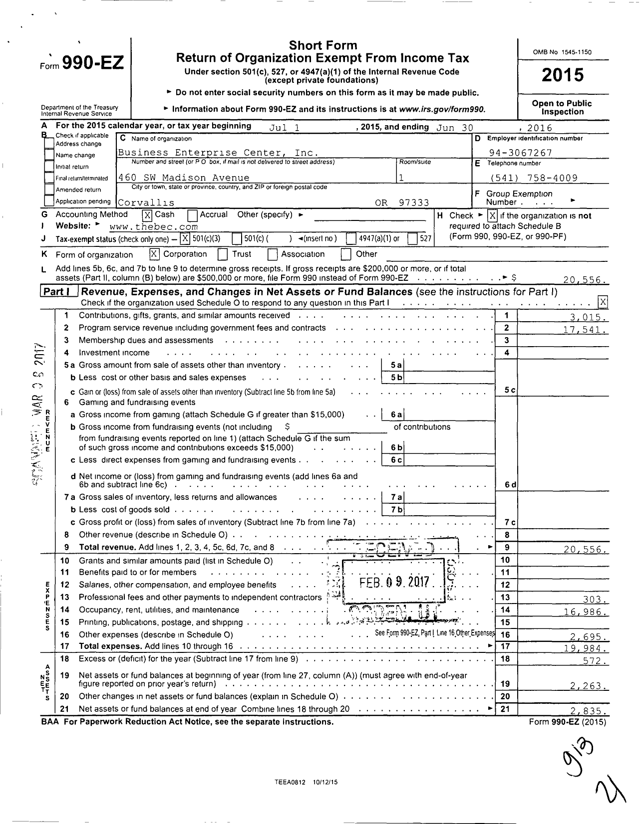 Image of first page of 2015 Form 990EZ for Business Enterprise Center