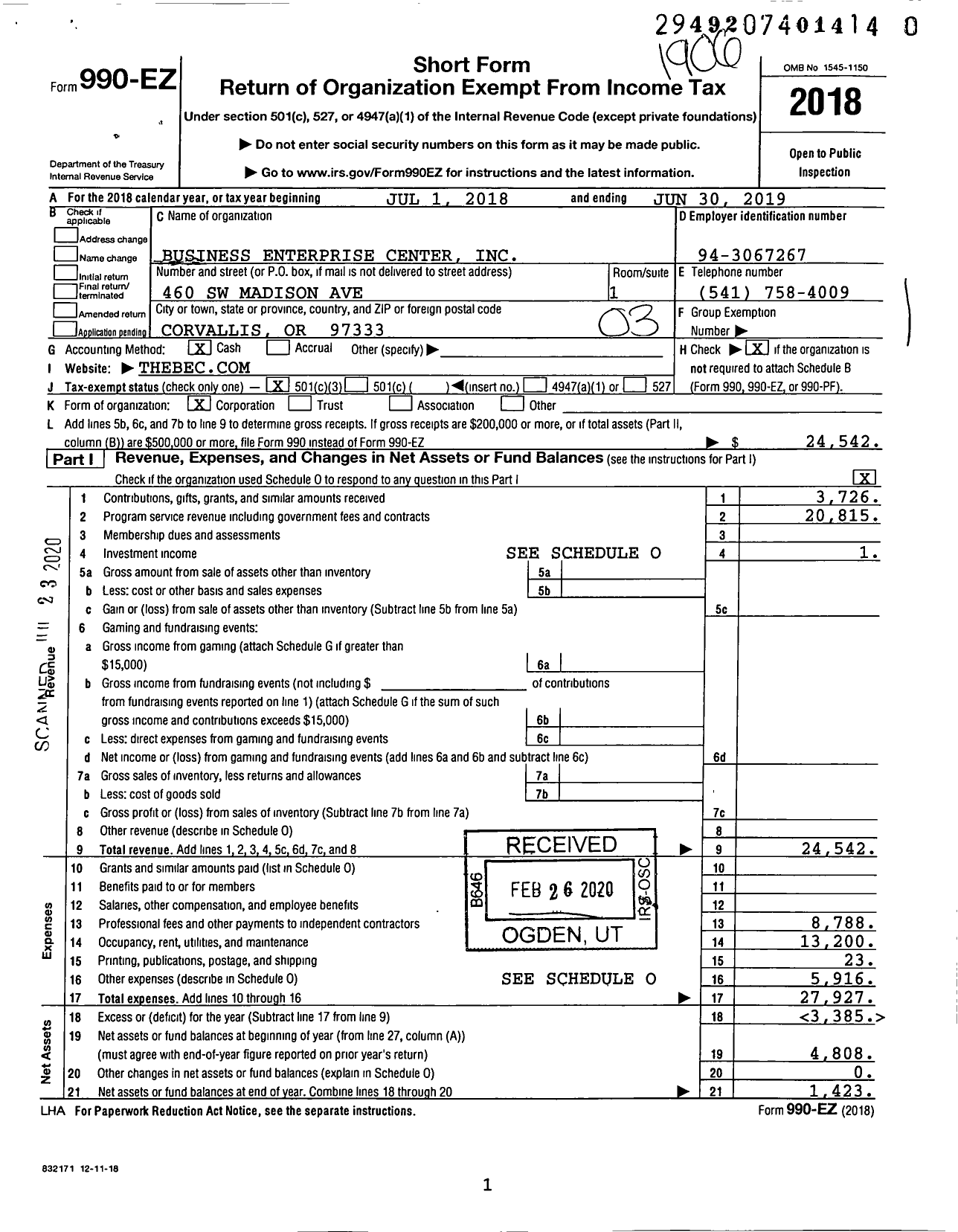 Image of first page of 2018 Form 990EZ for Business Enterprise Center