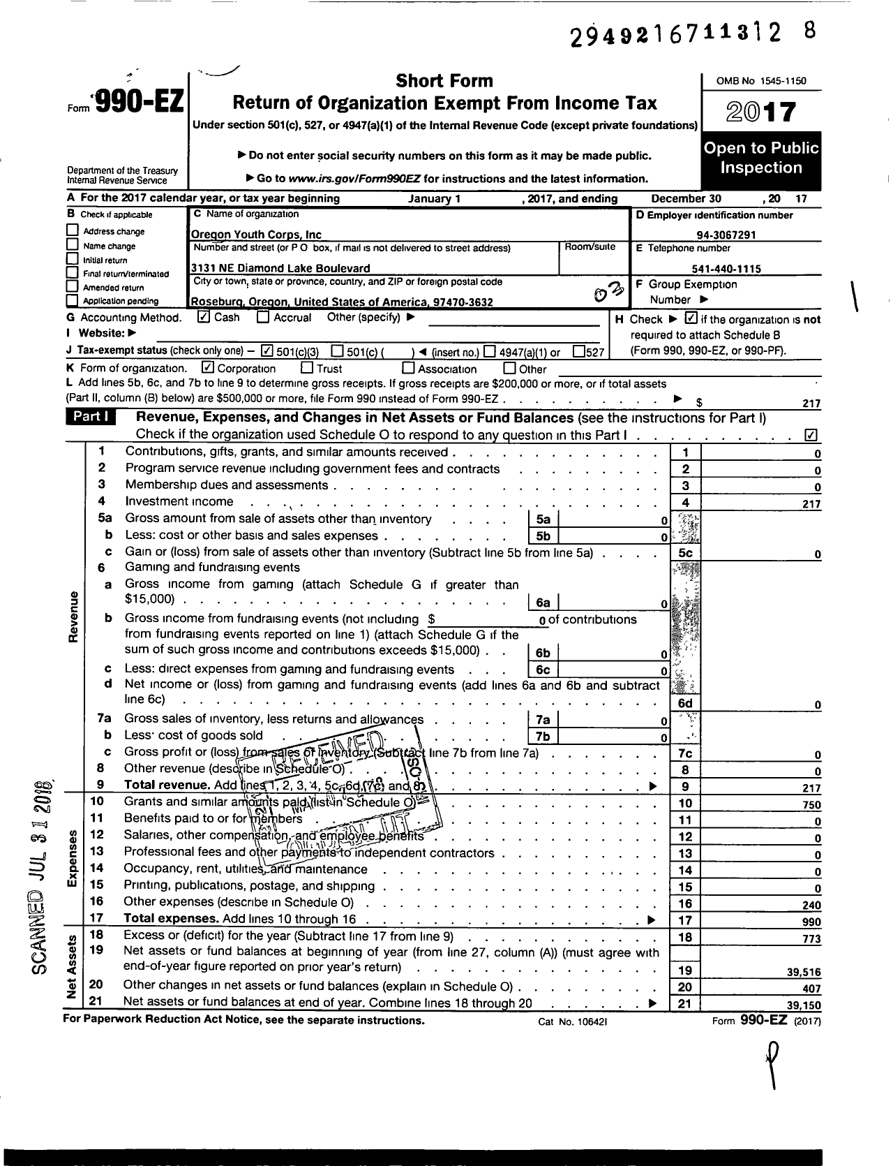 Image of first page of 2017 Form 990EZ for Oregon Youth Conservation Corps