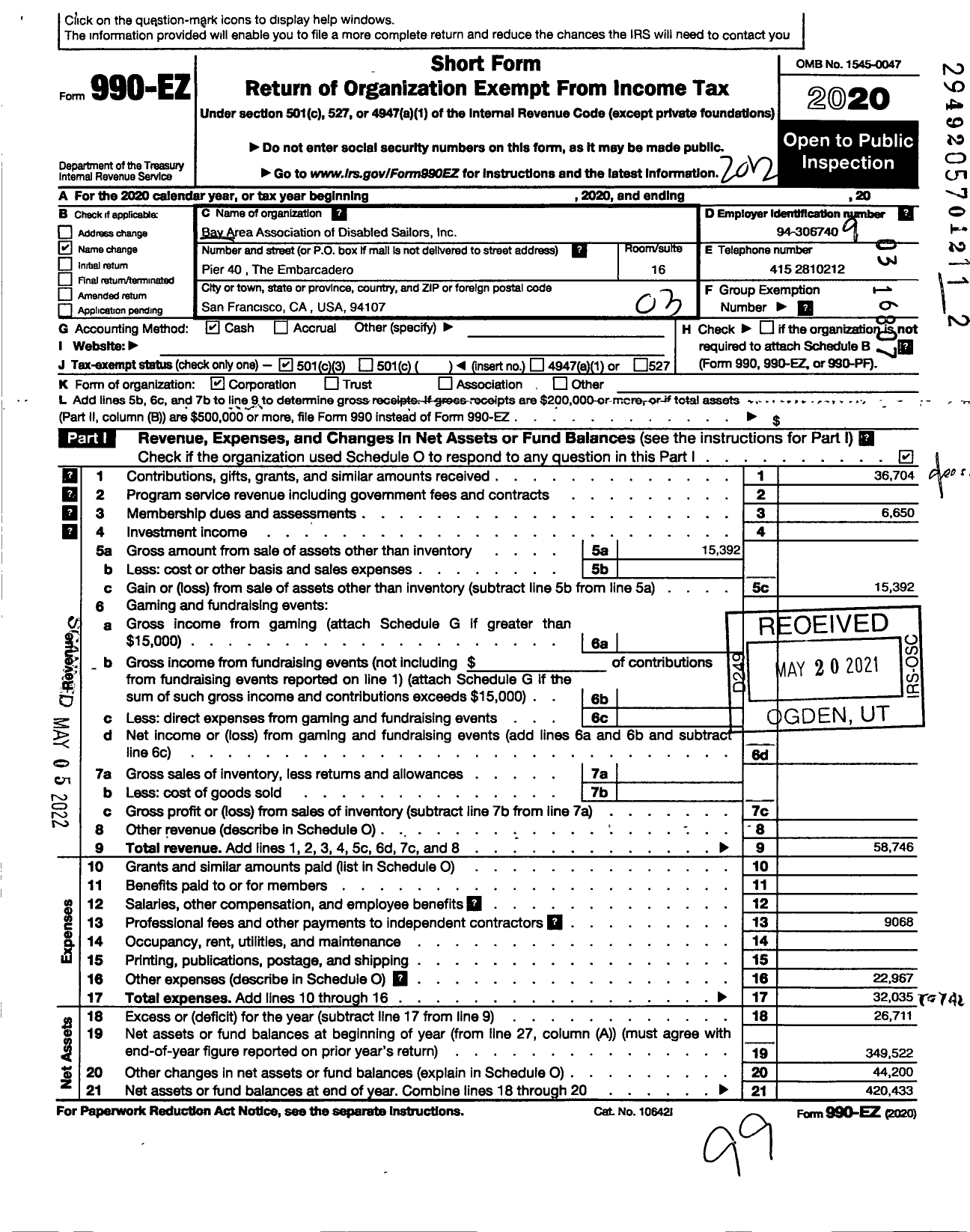 Image of first page of 2020 Form 990EZ for Bay Area Association of Disabled Sailors (BAADS)