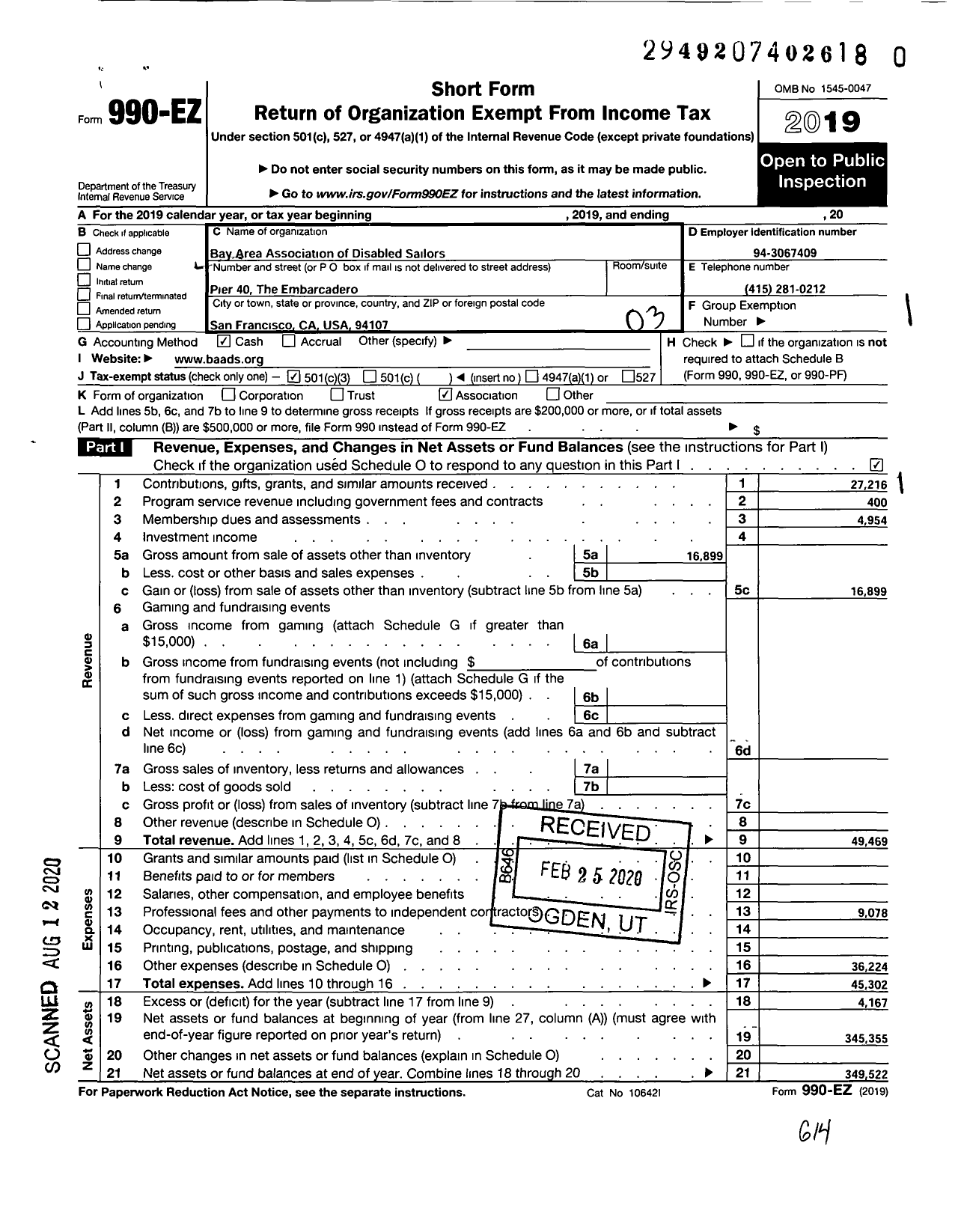 Image of first page of 2019 Form 990EZ for Bay Area Association of Disabled Sailors (BAADS)