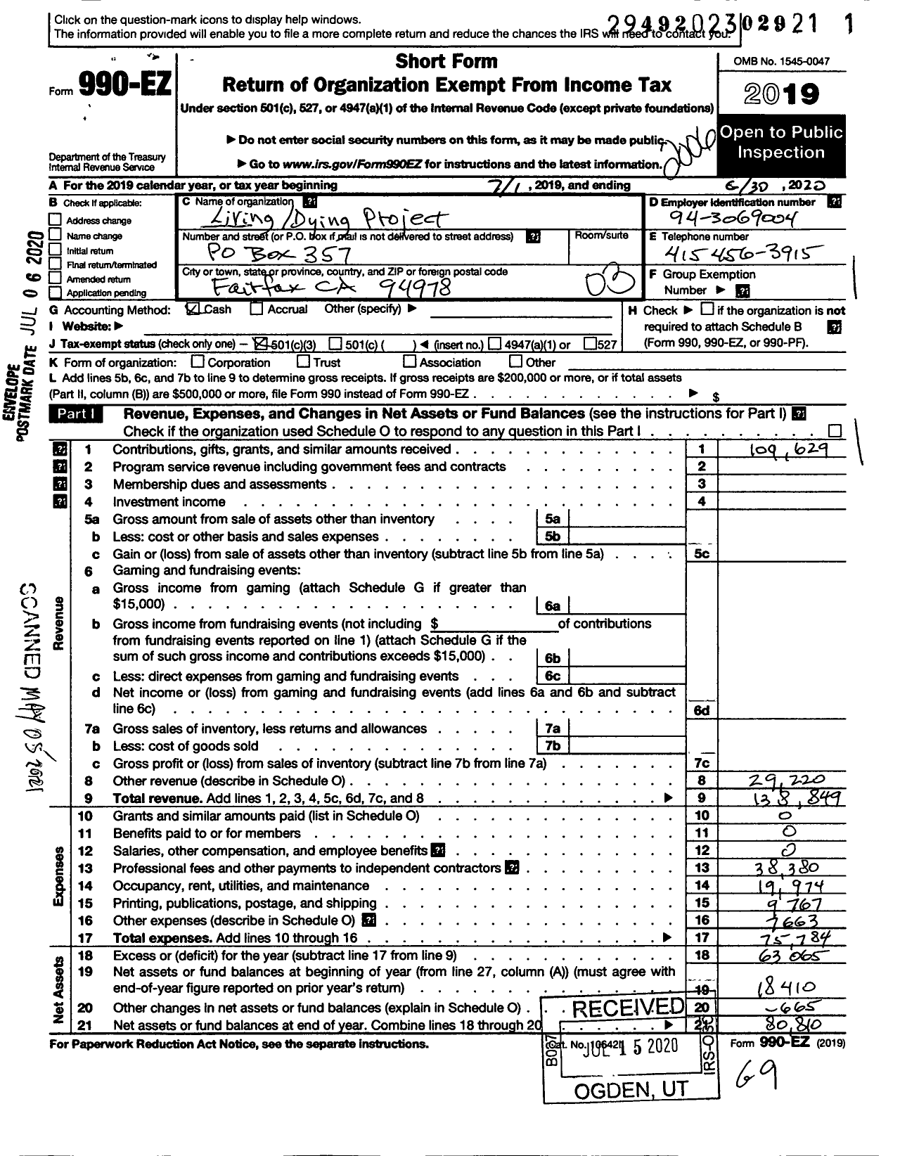 Image of first page of 2019 Form 990EZ for Living-Dying Project