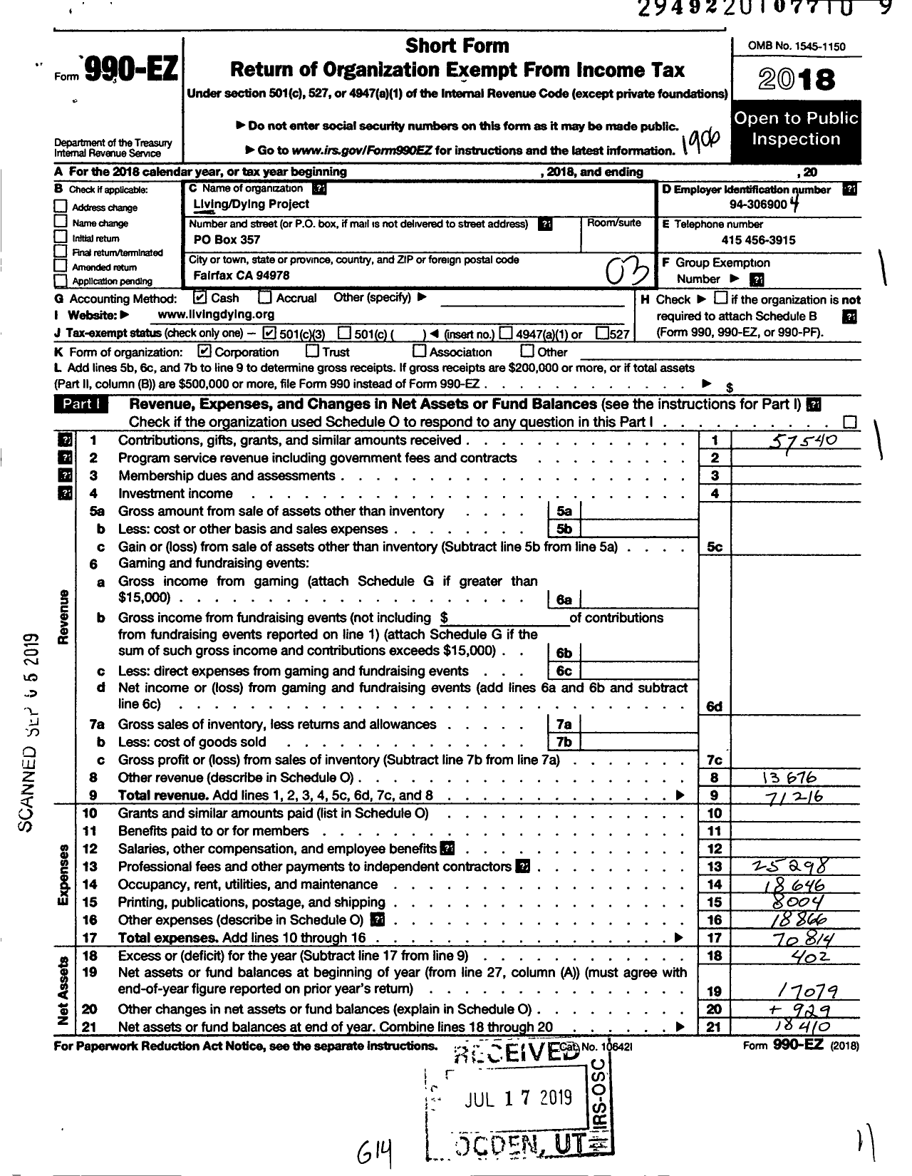 Image of first page of 2018 Form 990EZ for Living-Dying Project