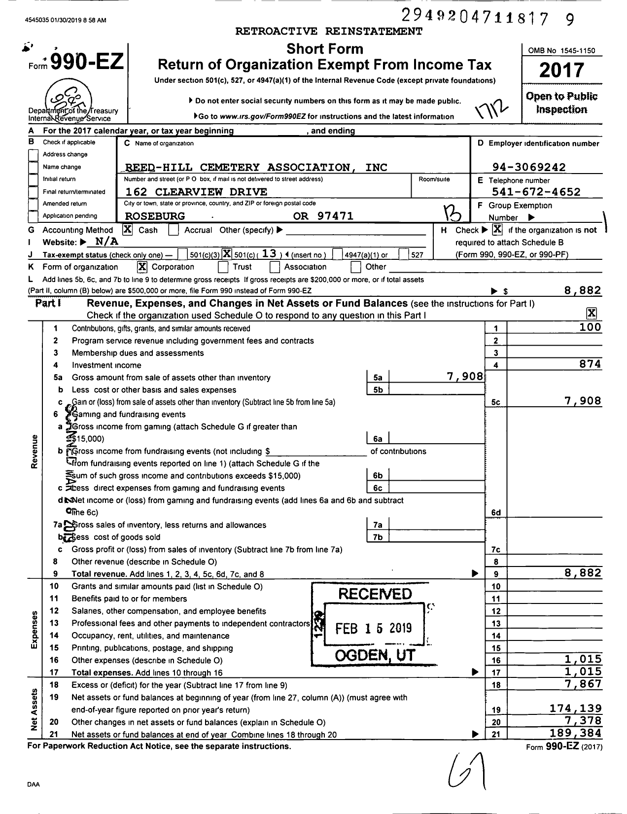 Image of first page of 2017 Form 990EO for Reed-Hill Cemetery Association