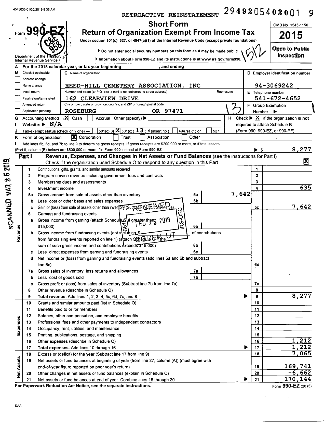 Image of first page of 2015 Form 990EO for Reed-Hill Cemetery Association