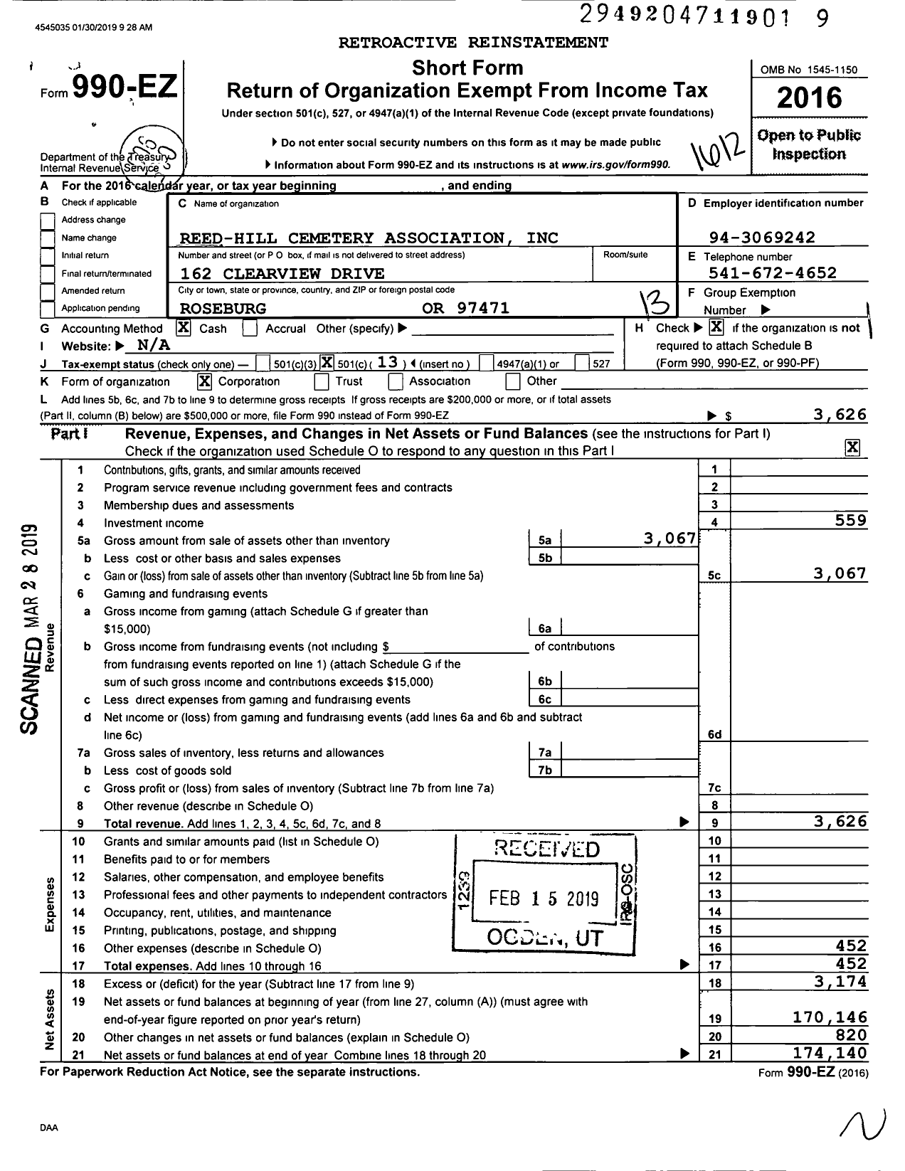 Image of first page of 2016 Form 990EO for Reed-Hill Cemetery Association