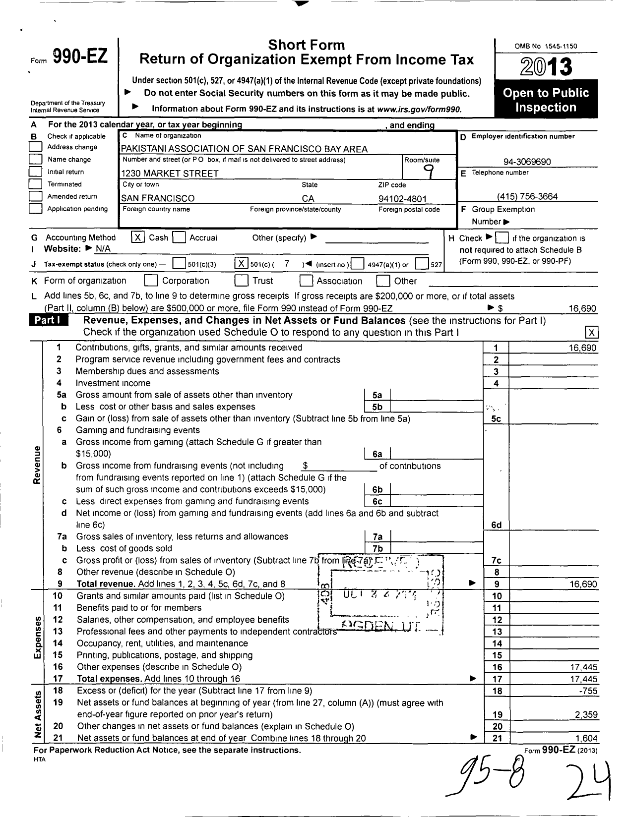 Image of first page of 2013 Form 990EO for Pakistani Association of San Francisco Bay Area