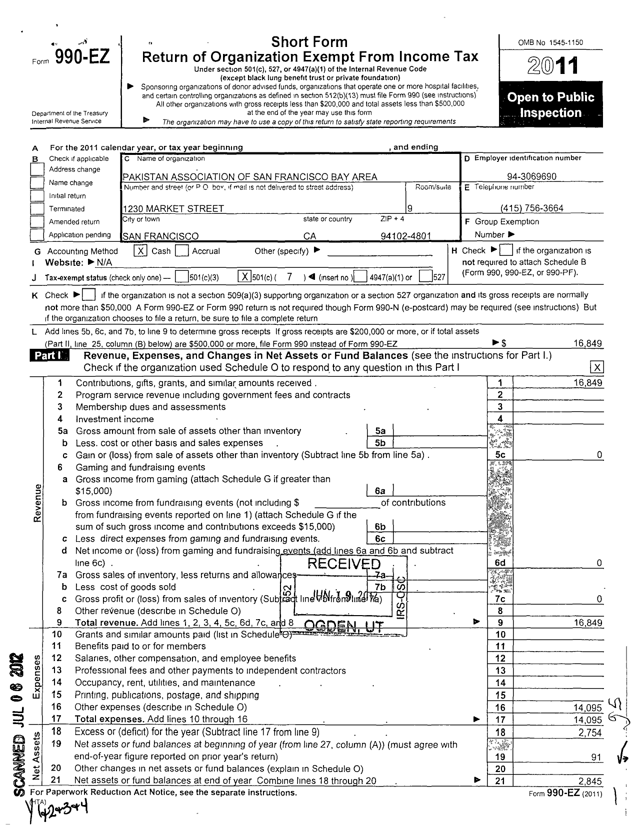 Image of first page of 2011 Form 990EO for Pakistani Association of San Francisco Bay Area