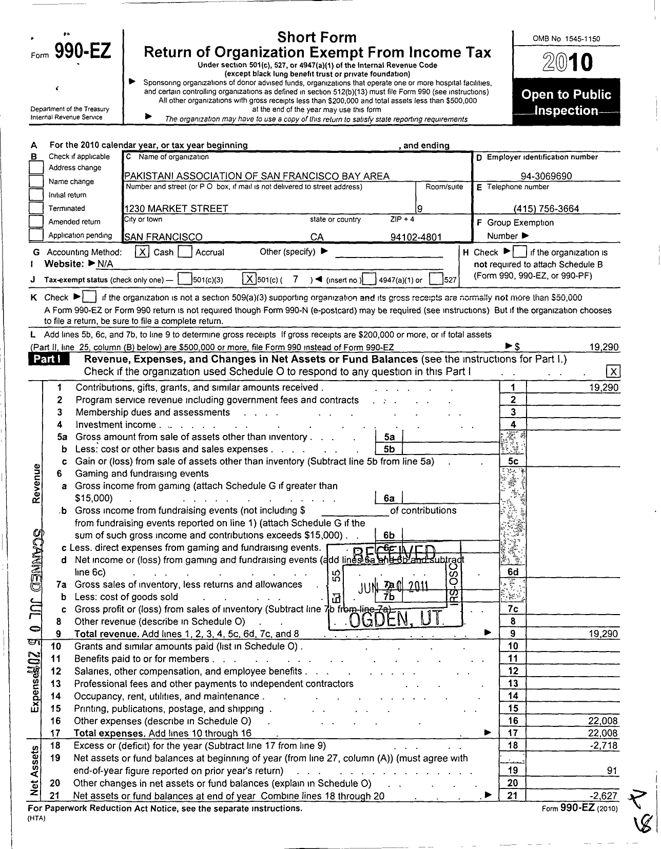 Image of first page of 2010 Form 990EO for Pakistani Association of San Francisco Bay Area