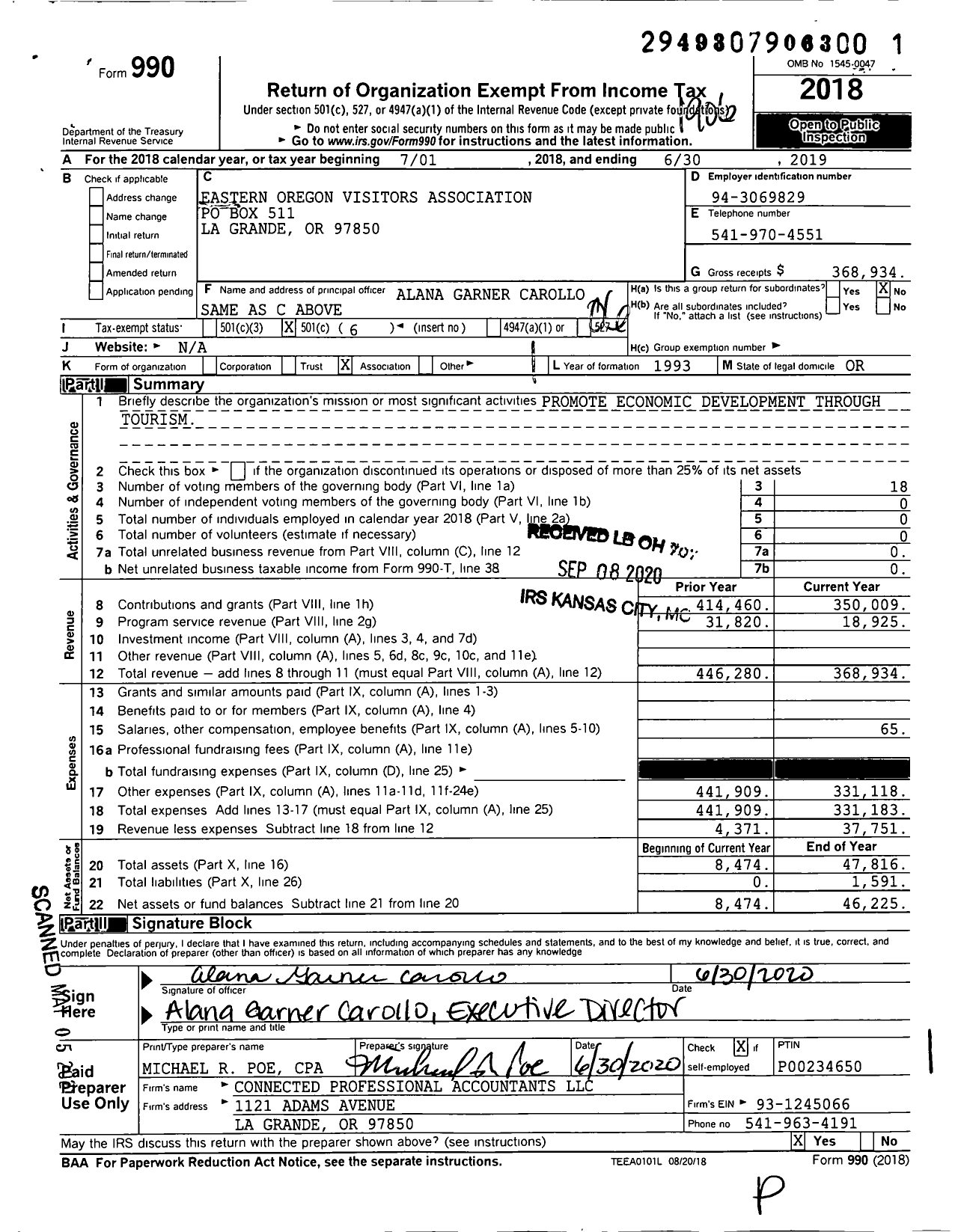 Image of first page of 2018 Form 990O for Eastern Oregon Visitors Assocation