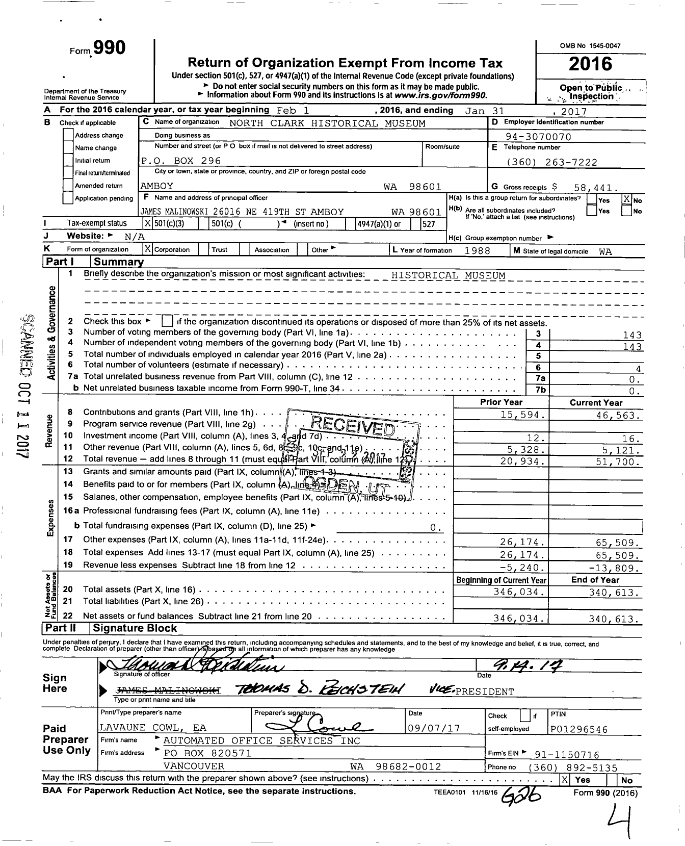 Image of first page of 2016 Form 990 for North Clark Historical Museum