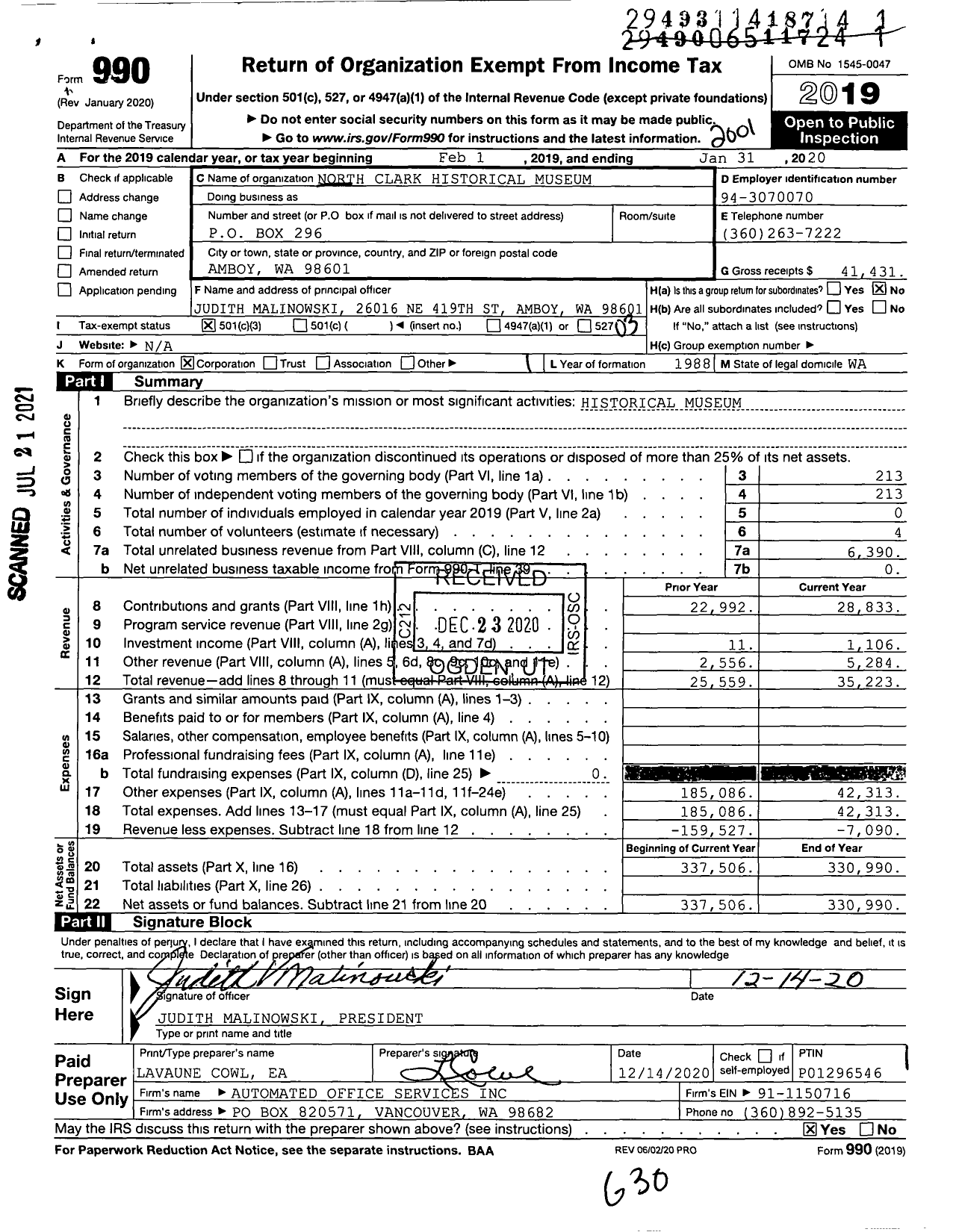 Image of first page of 2019 Form 990 for North Clark Historical Museum