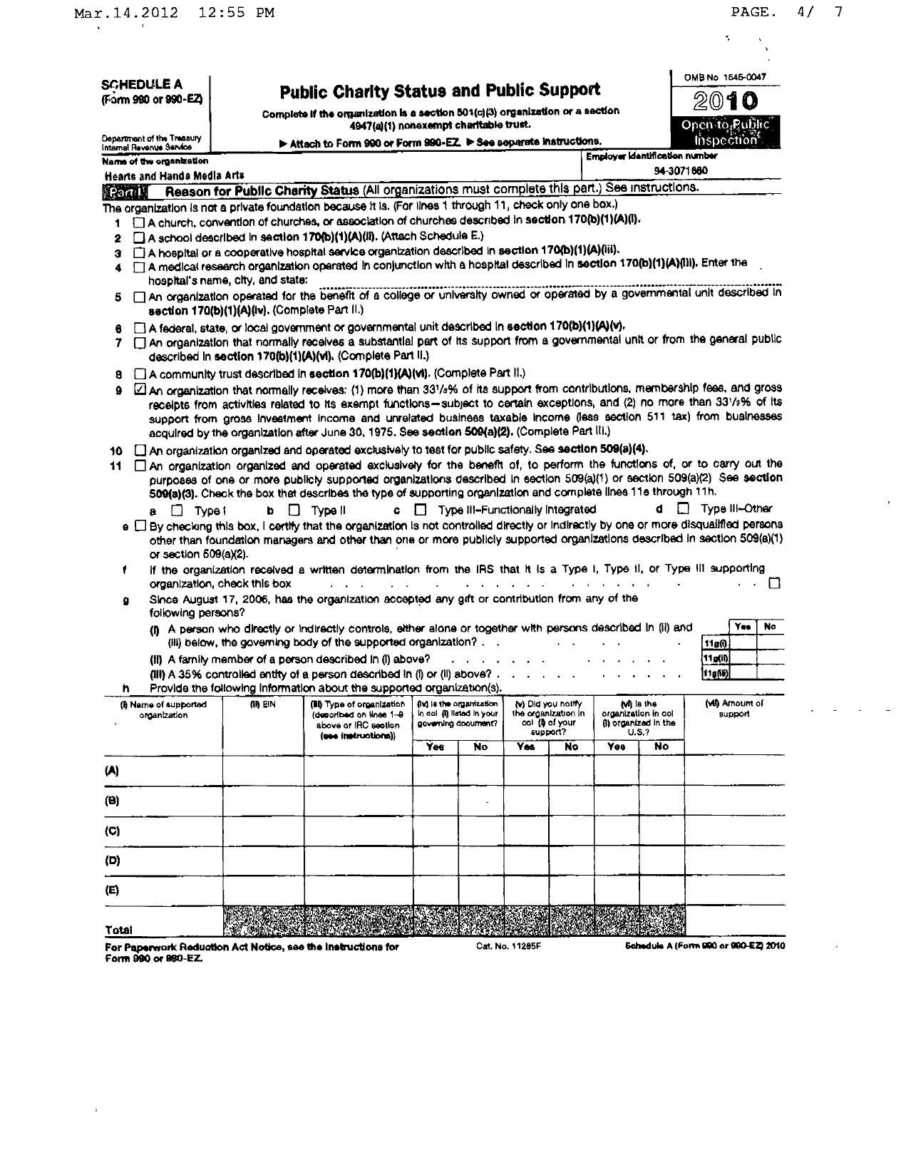 Image of first page of 2010 Form 990ER for Hearts and Hands Media Arts