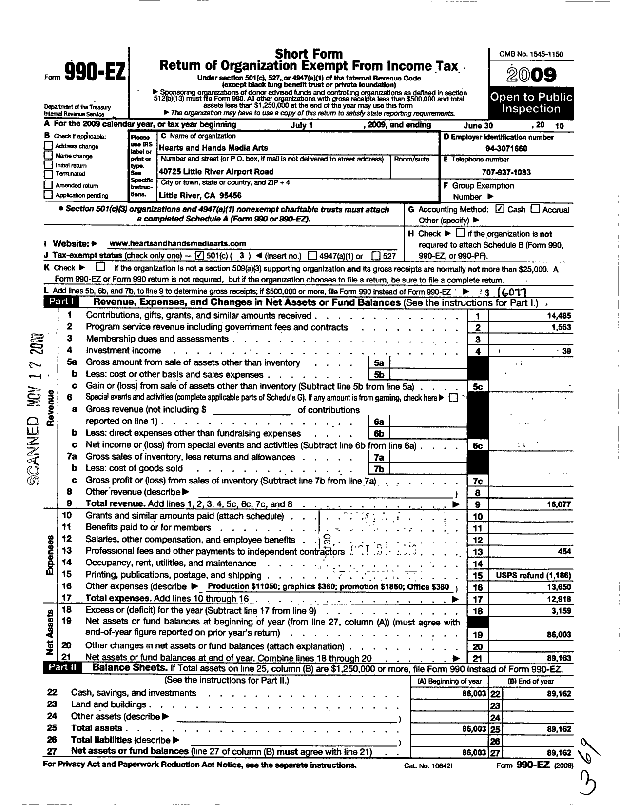 Image of first page of 2009 Form 990EZ for Hearts and Hands Media Arts