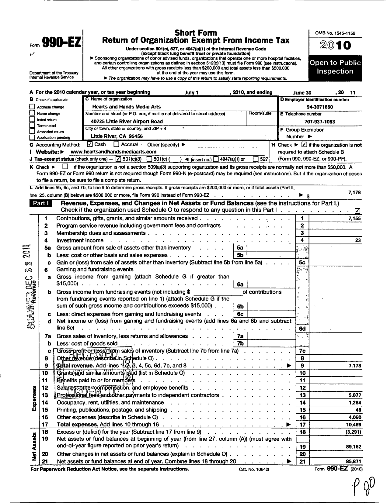 Image of first page of 2010 Form 990EZ for Hearts and Hands Media Arts