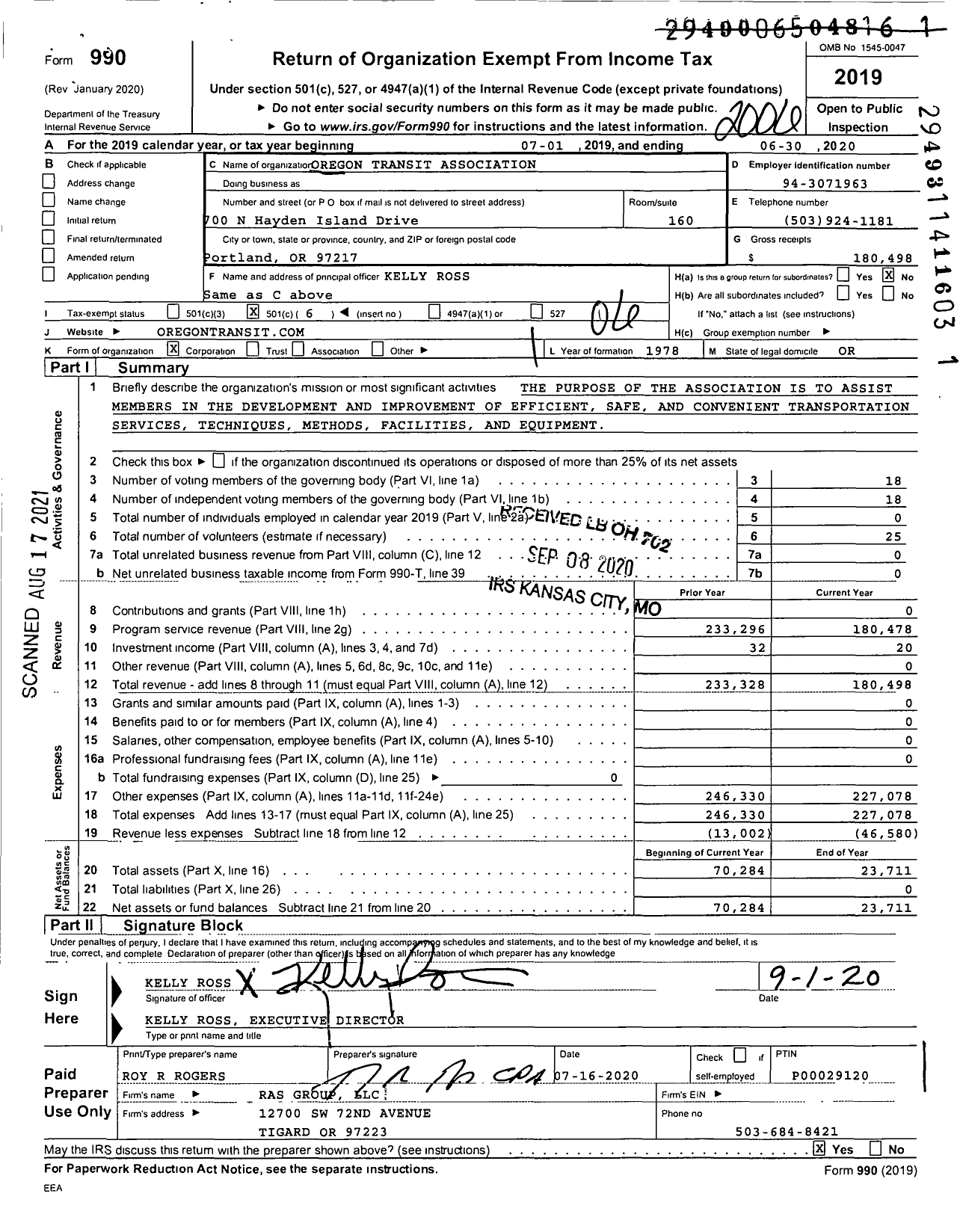 Image of first page of 2019 Form 990O for Oregon Transit Association