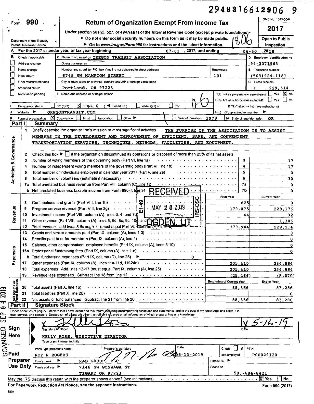 Image of first page of 2017 Form 990O for Oregon Transit Association