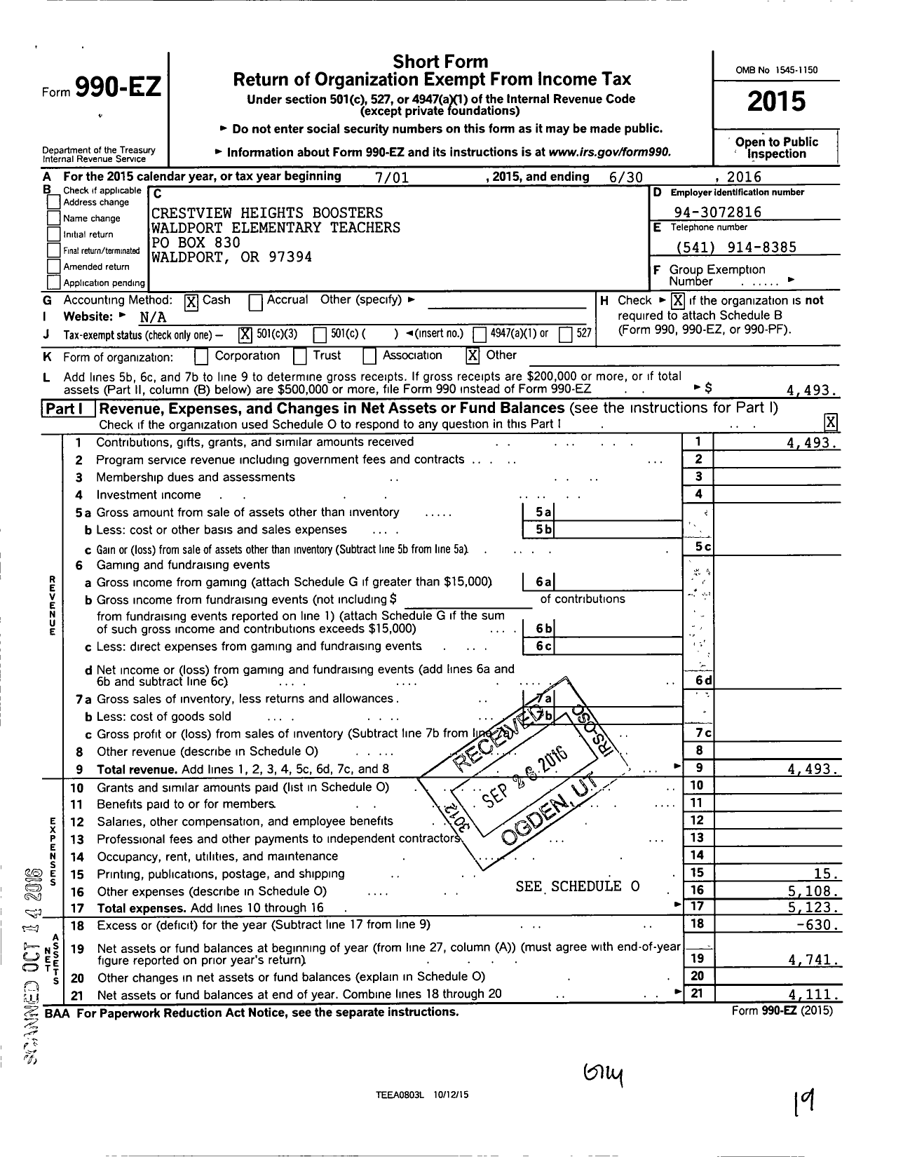 Image of first page of 2015 Form 990EZ for Crestview Heights Boosters