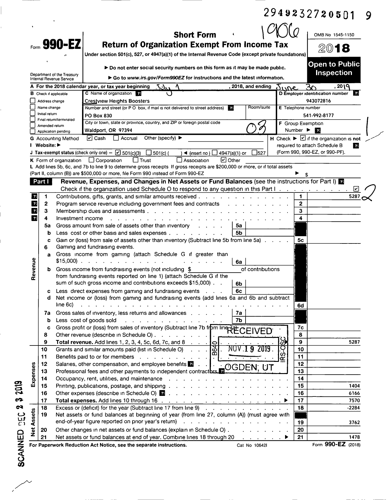 Image of first page of 2018 Form 990EZ for Crestview Heights Boosters