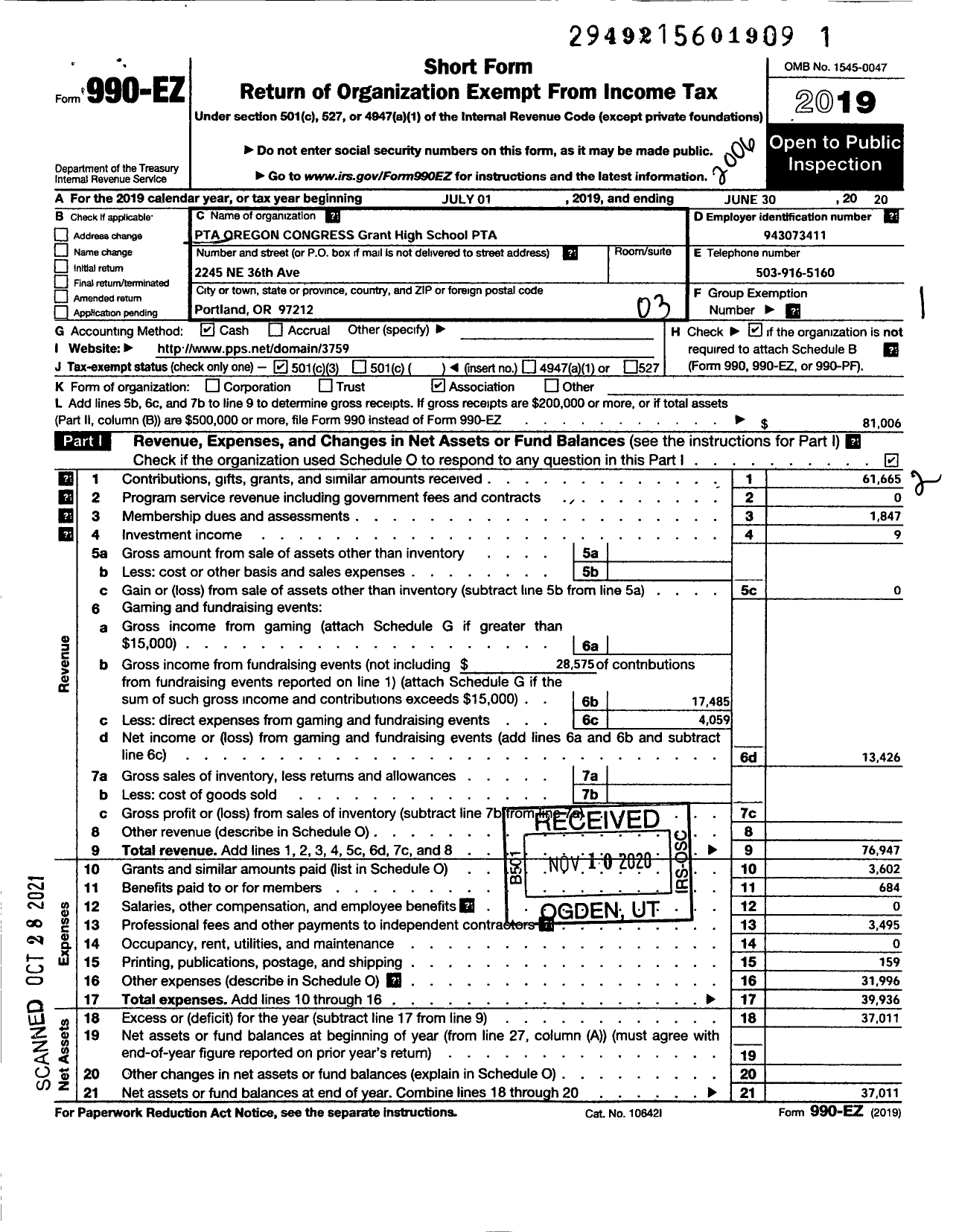 Image of first page of 2019 Form 990EZ for PTA Oregon Congress / Grant High PTA