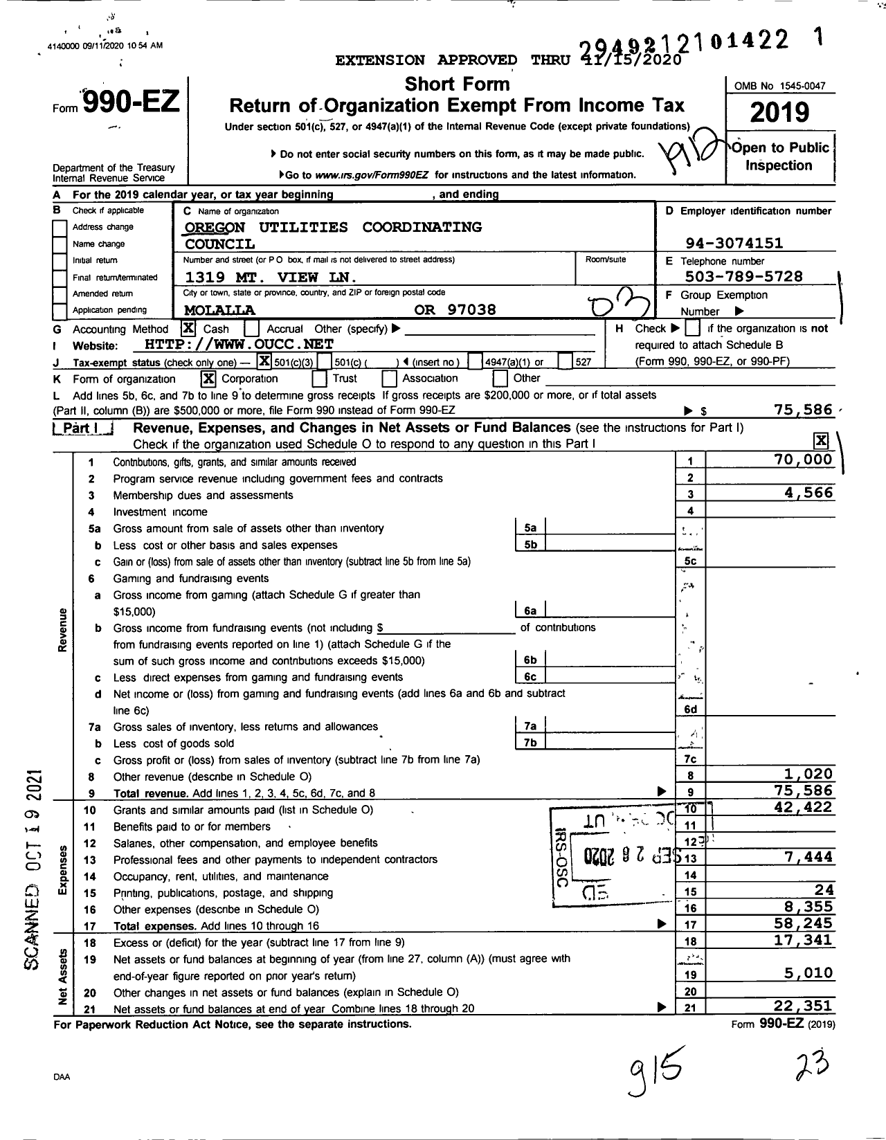 Image of first page of 2019 Form 990EZ for Oregon Utilities Coordinating Council